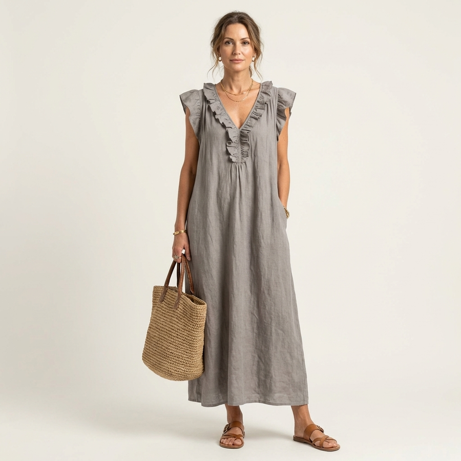 Amina™ | Ruffle V-Neck Linen Maxi Dress