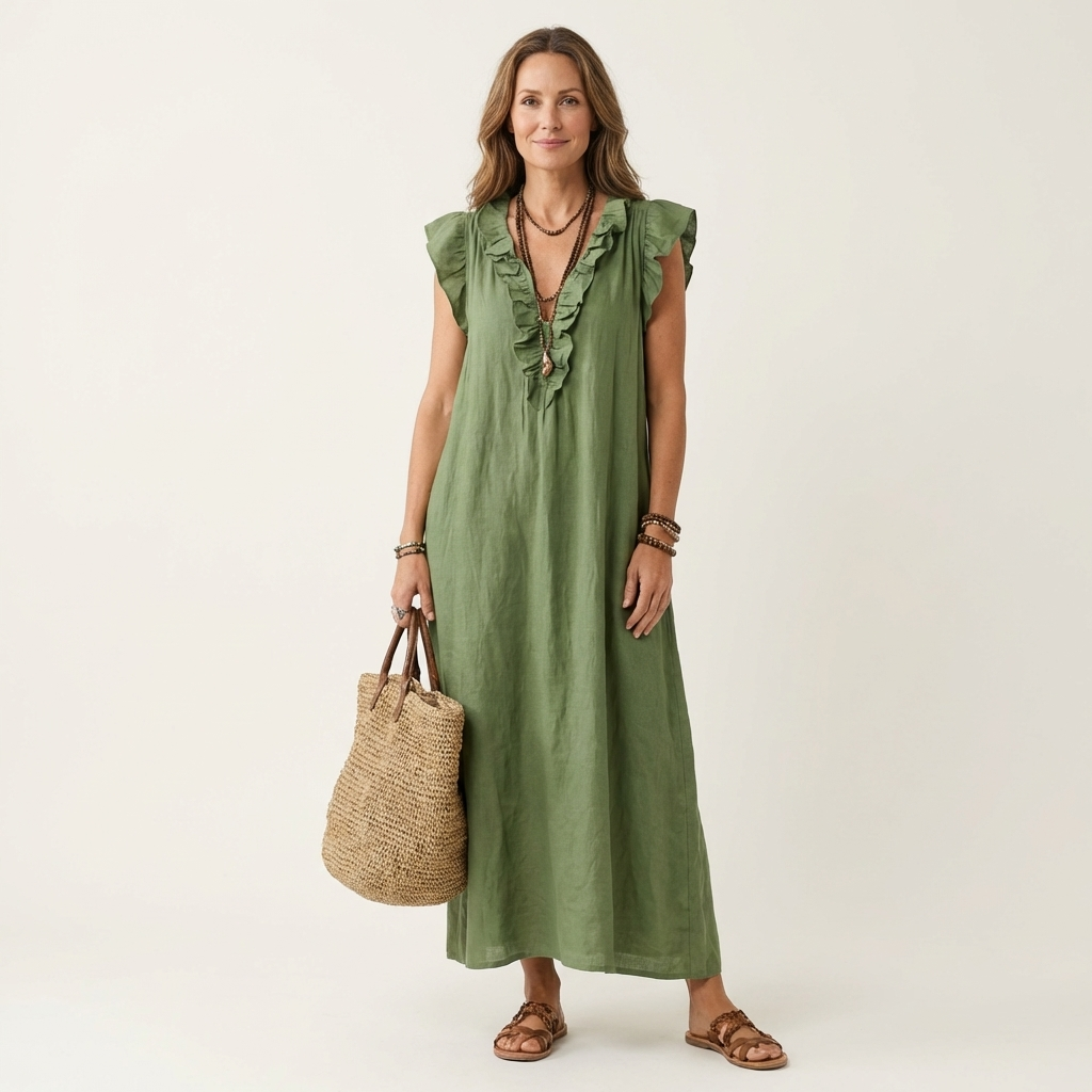 Amina™ | Ruffle V-Neck Linen Maxi Dress
