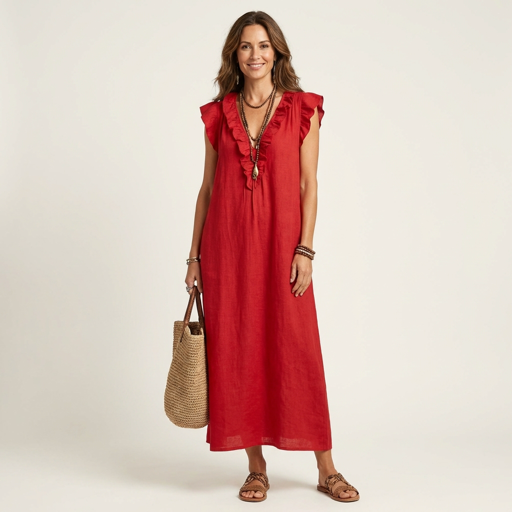 Amina™ | Ruffle V-Neck Linen Maxi Dress
