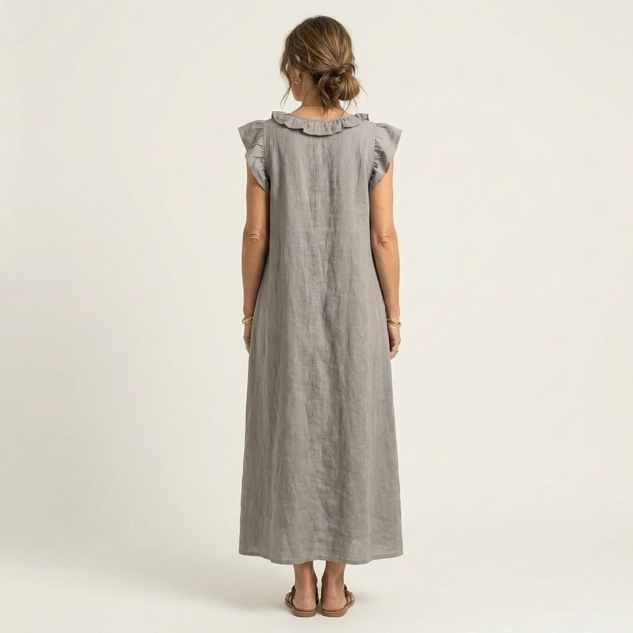 Amina™ | Ruffle V-Neck Linen Maxi Dress