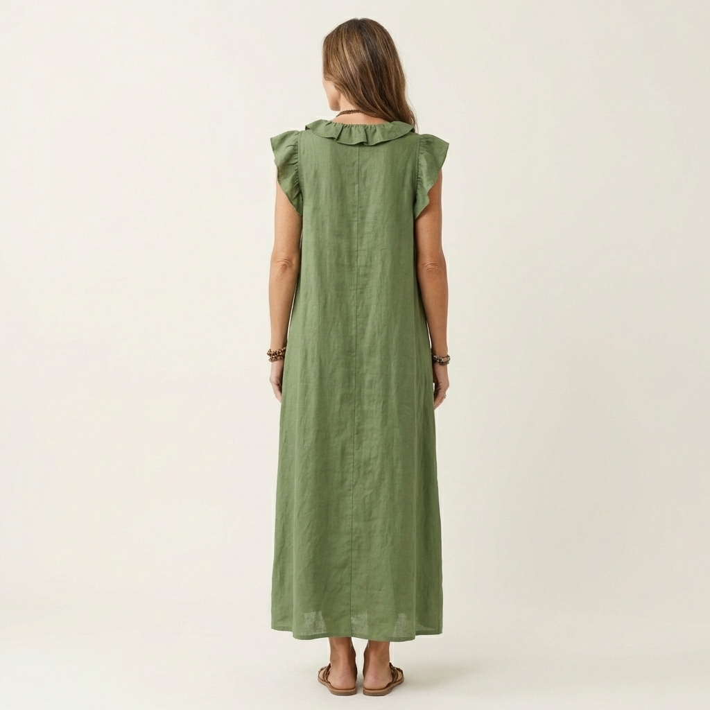 Amina™ | Ruffle V-Neck Linen Maxi Dress