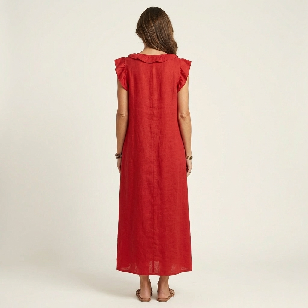 Amina™ | Ruffle V-Neck Linen Maxi Dress