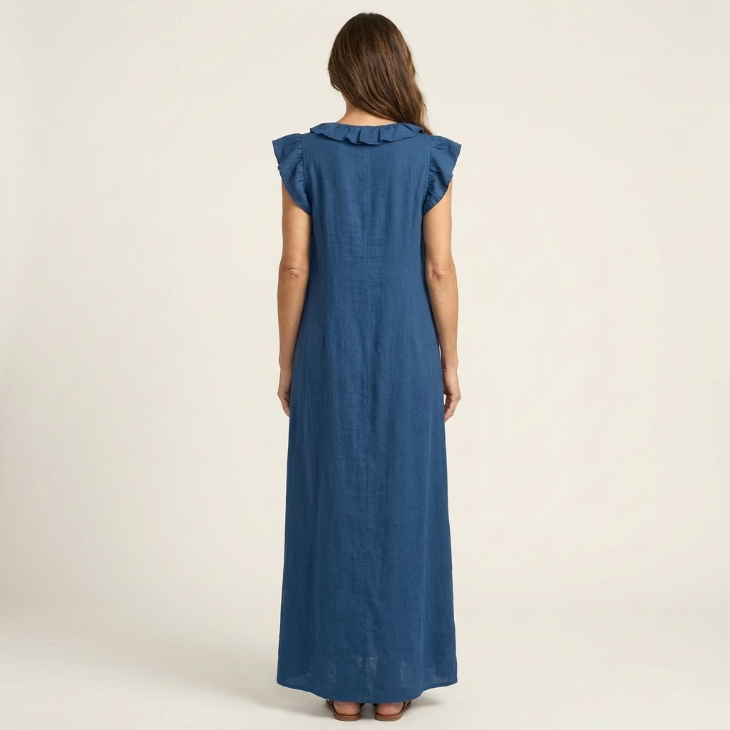 Amina™ | Ruffle V-Neck Linen Maxi Dress