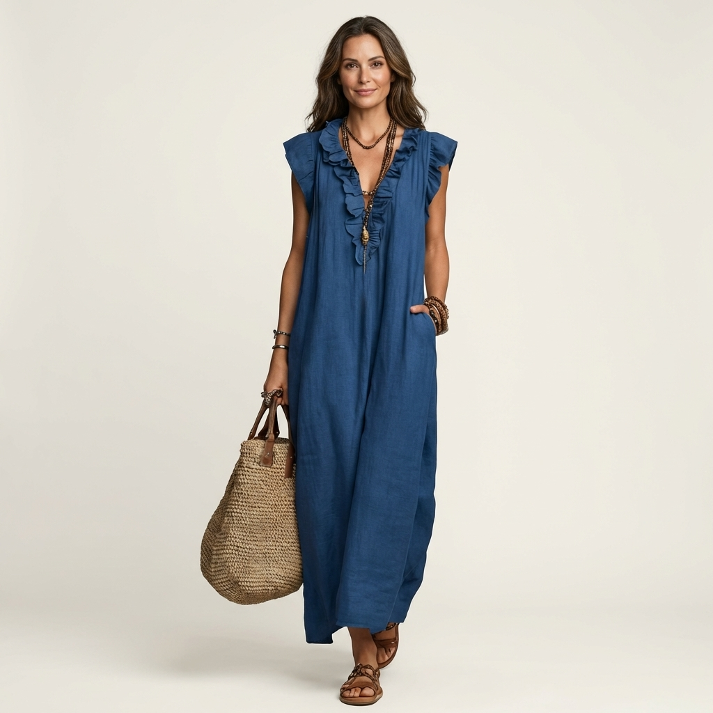 Amina™ | Ruffle V-Neck Linen Maxi Dress