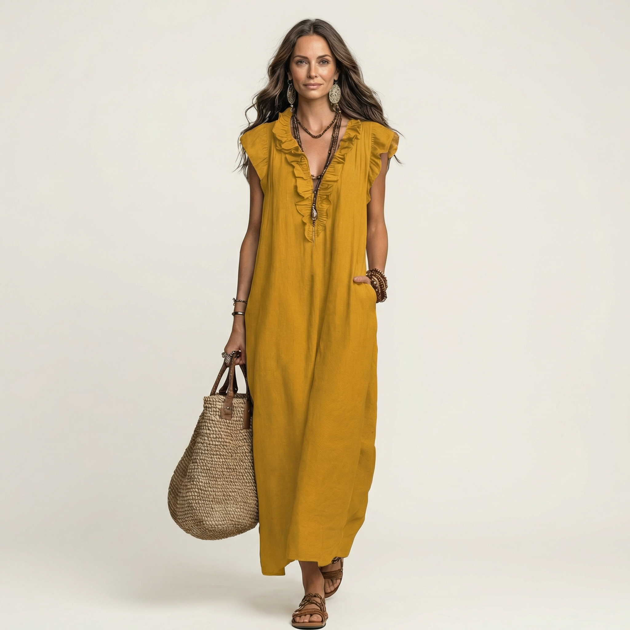 Amina™ | Ruffle V-Neck Linen Maxi Dress