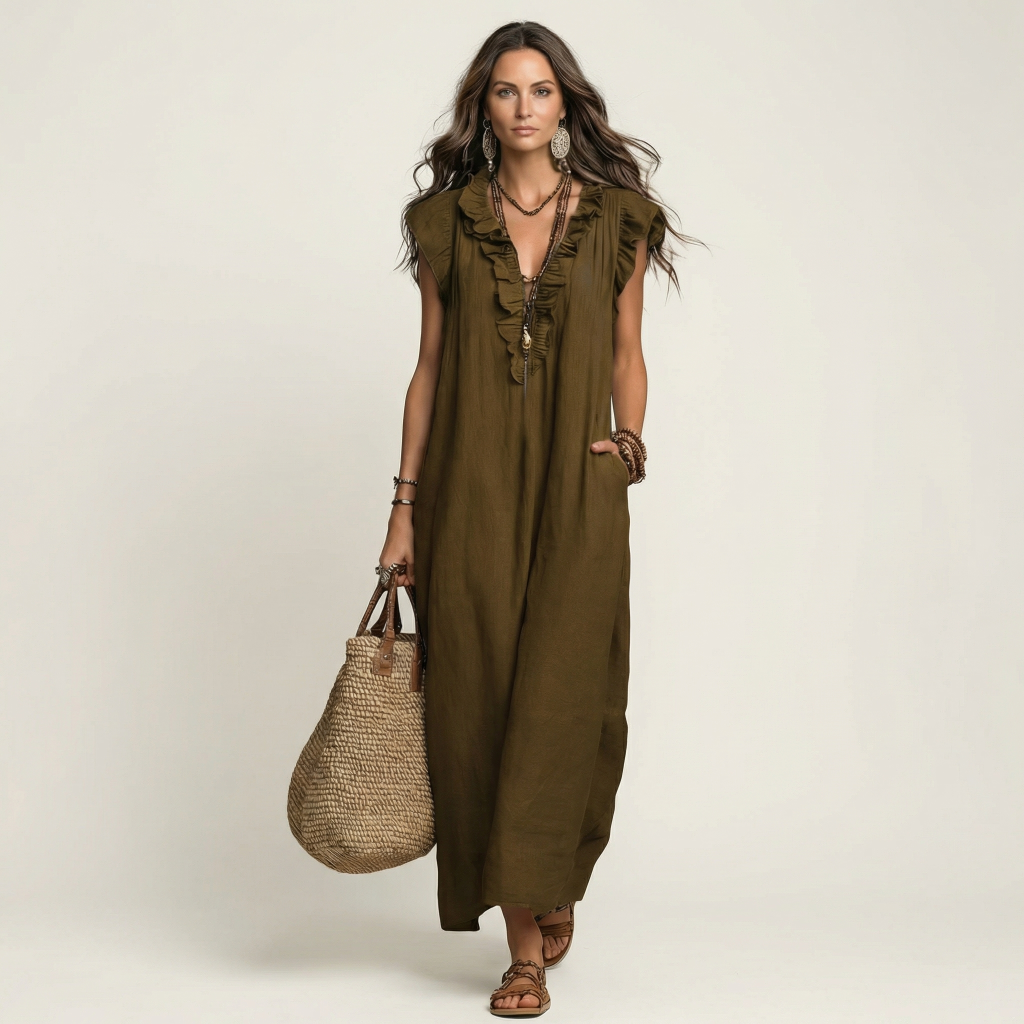 Amina™ | Ruffle V-Neck Linen Maxi Dress