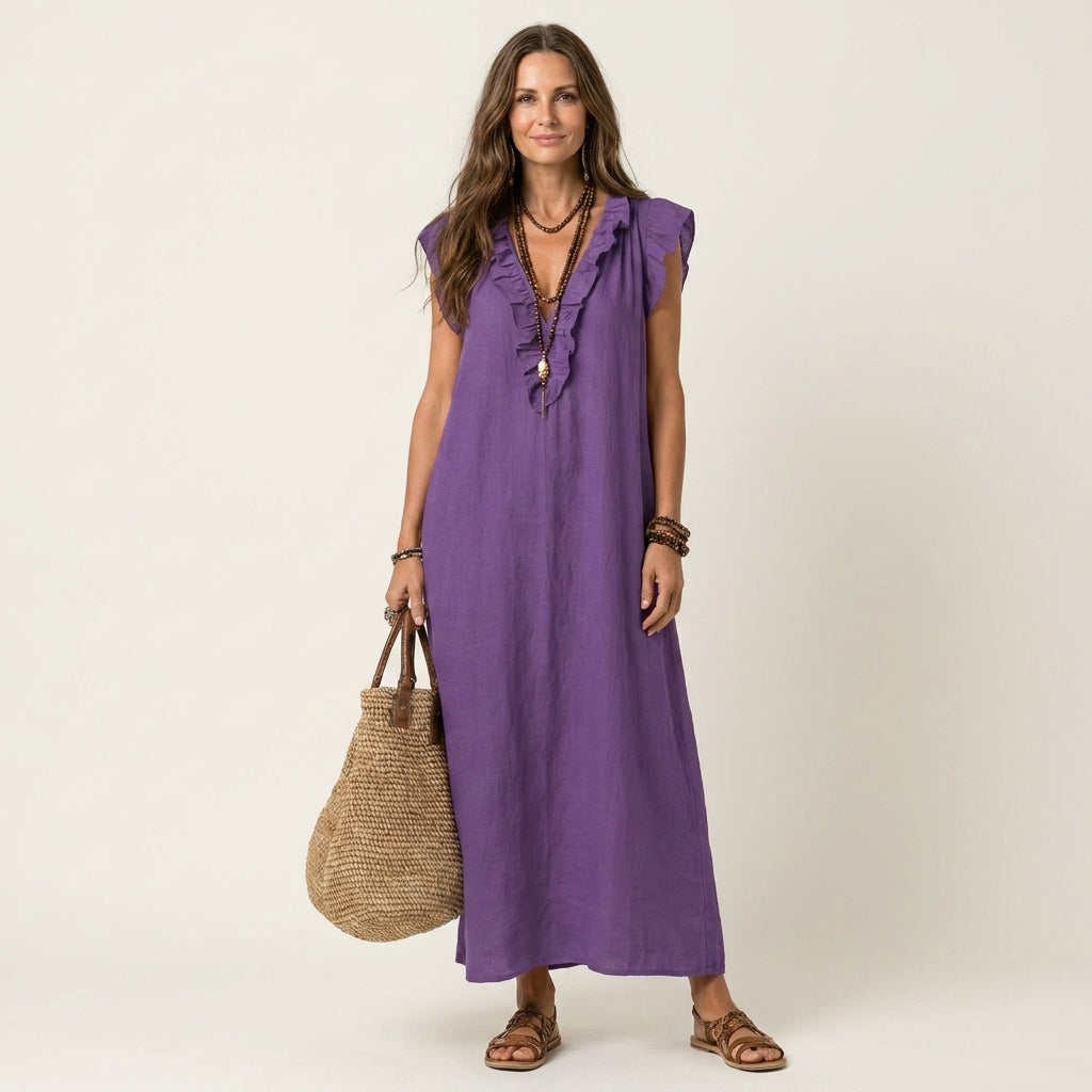 Amina™ | Ruffle V-Neck Linen Maxi Dress