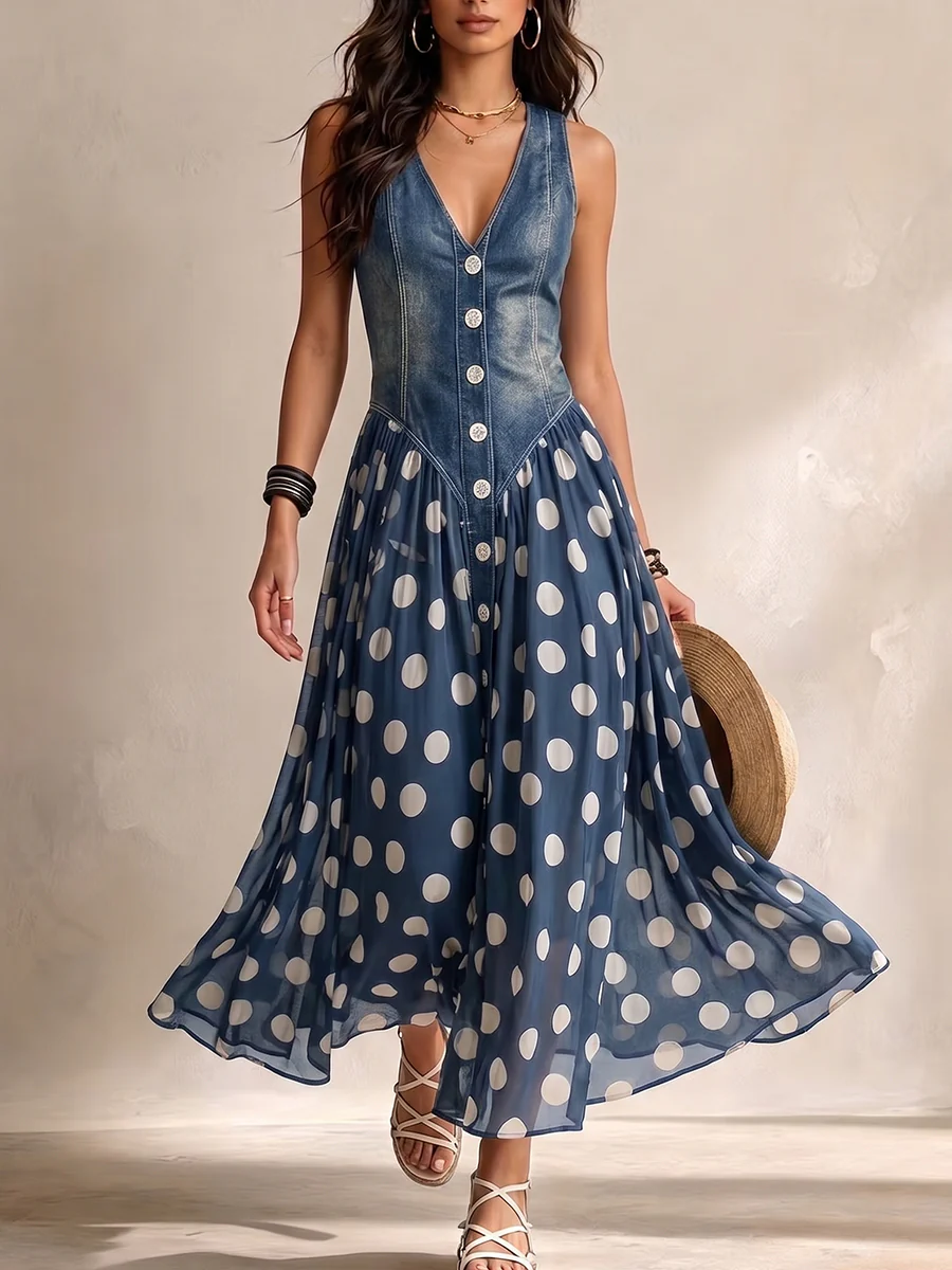 Soraya™ | Denim & Chiffon Midi Dress