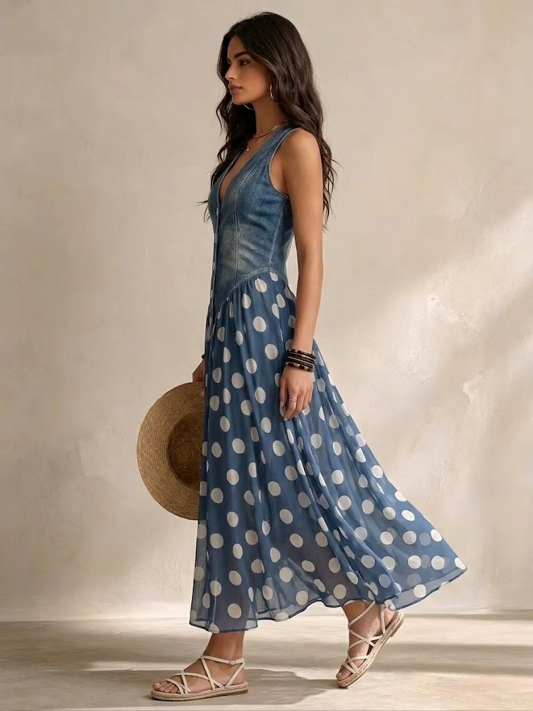 Soraya™ | Denim & Chiffon Midi Dress