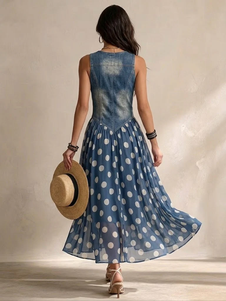 Soraya™ | Denim & Chiffon Midi Dress