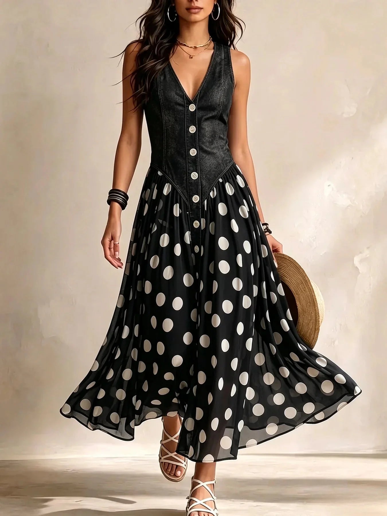 Soraya™ | Denim & Chiffon Midi Dress