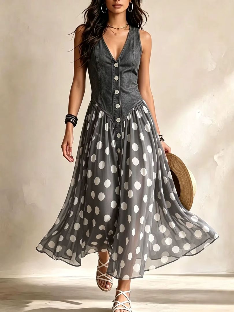 Soraya™ | Denim & Chiffon Midi Dress