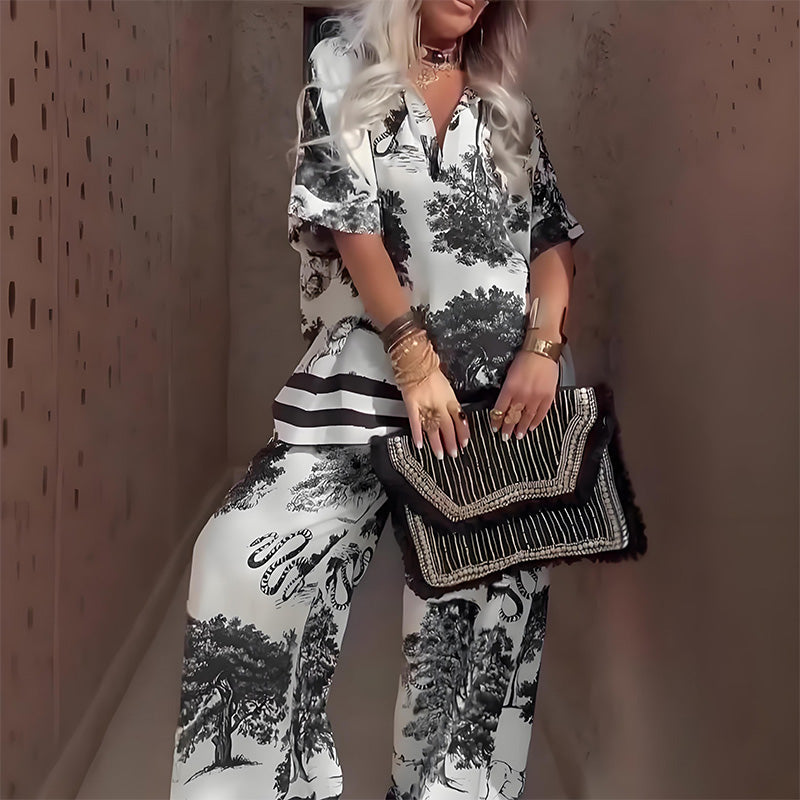 Linette™ | Printed V-Neck Top & Long Pants