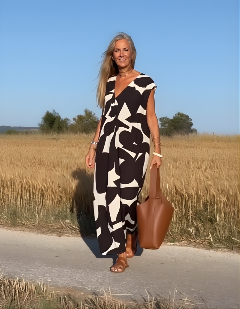 Victoria™ | Elegant V-Neck Printed Dress